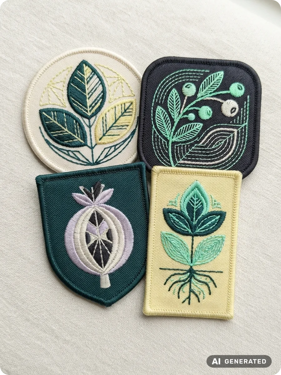 AI-genererad bild. Fyra broderade m&auml;rken med botaniska motiv i gr&ouml;nt, gult och lila, l&ouml;st grupperade p&aring; cremef&auml;rgat tyg.