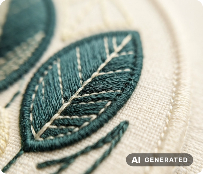 AI-genererad bild. Närbild på ett cremefärgat broderat märke med mörkgrönt bladmotiv.
