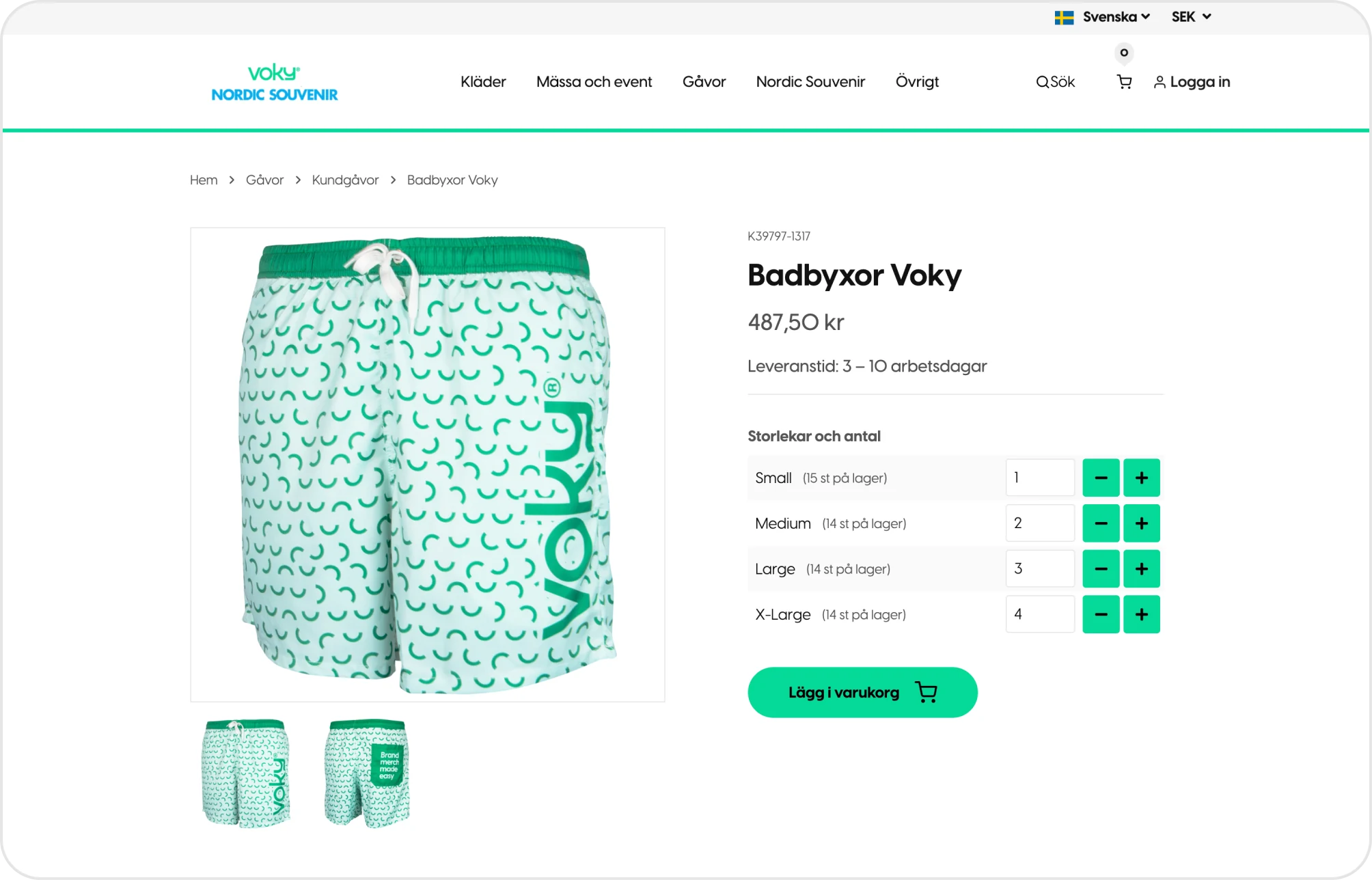 En produktsida som visar lagersaldo per storlek och ber&auml;knad leveranstid innan best&auml;llningen l&auml;ggs.